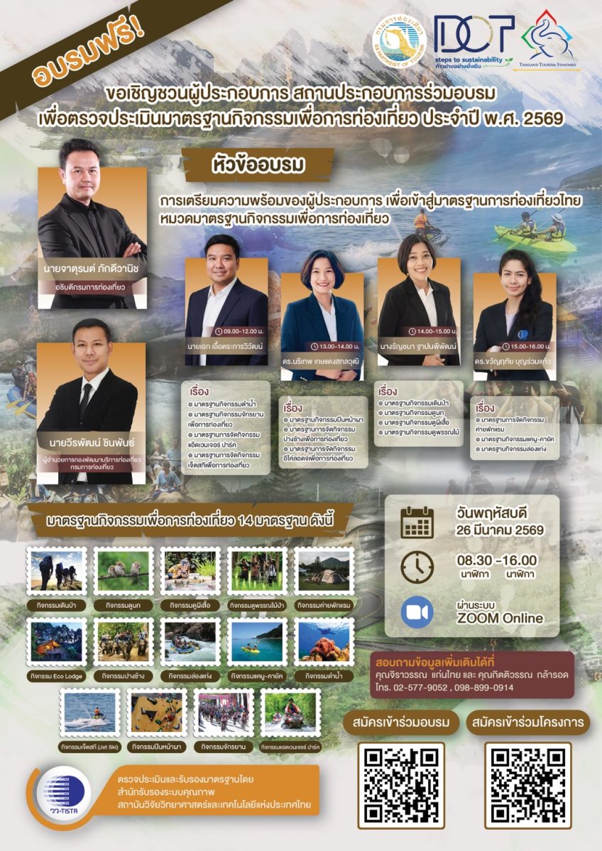 วว. จับมือ กรมการท่องเที่ยว จัดอบรมออนไลน์ ฟรี!!! “เตรียมความพร้อมผู้ประกอบการ เพื่อเข้าสู่มาตรฐานการท่องเที่ยวไทย”